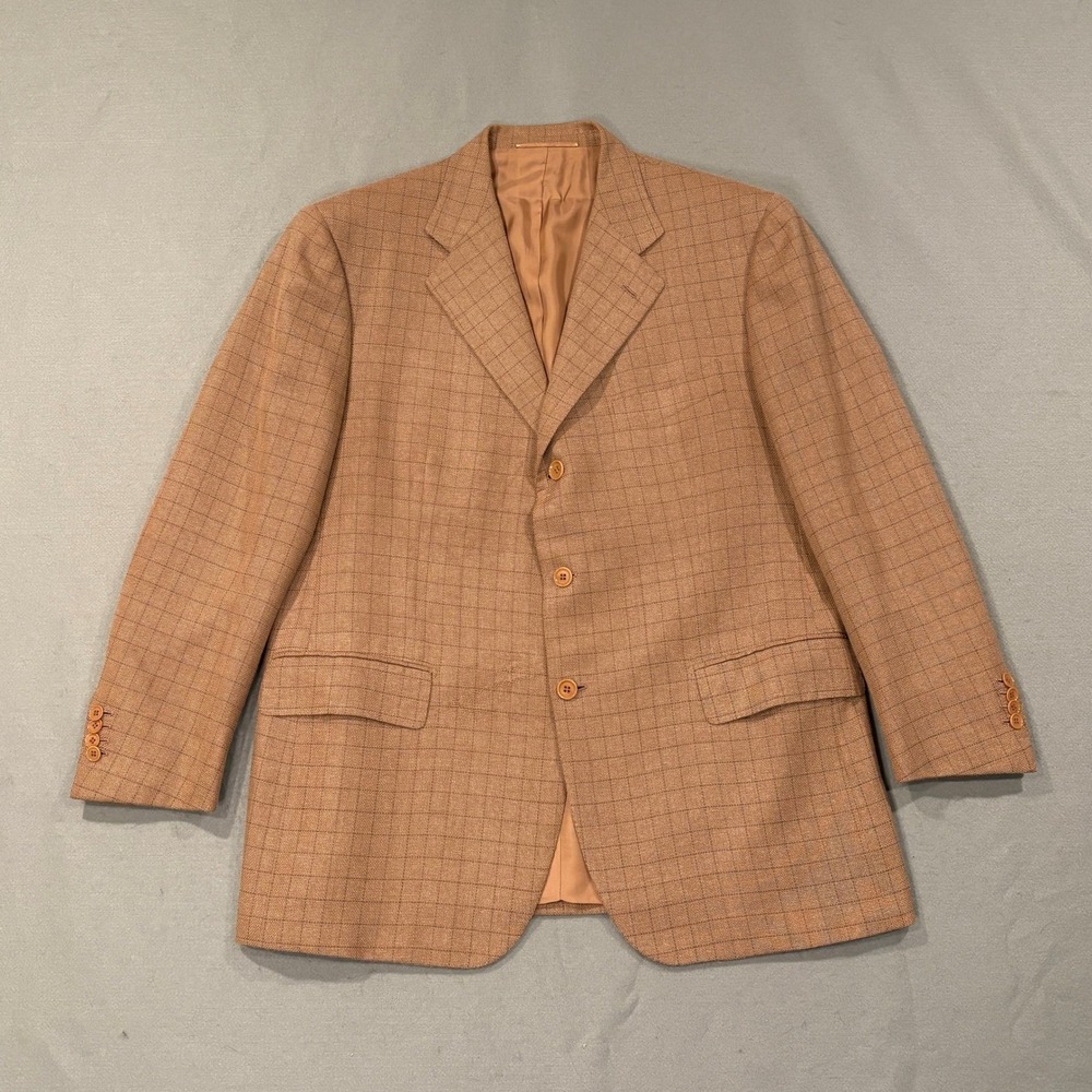 Luciano Barbera Blazer Mens 44 Brown Tweed‎ Check Wool Camel Made In Italy